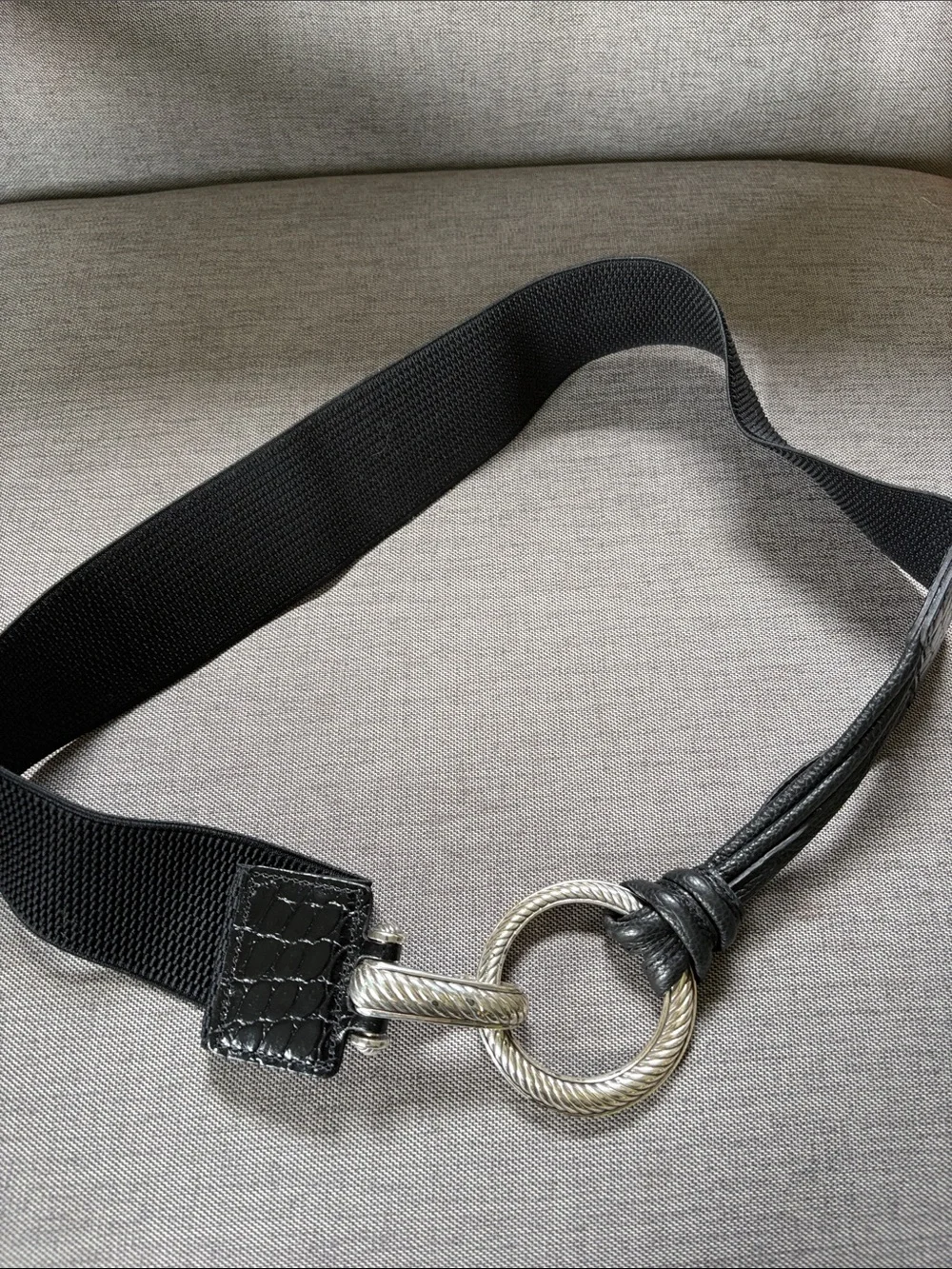 Black Elastic Waist Belt with Silver Ring Hardware